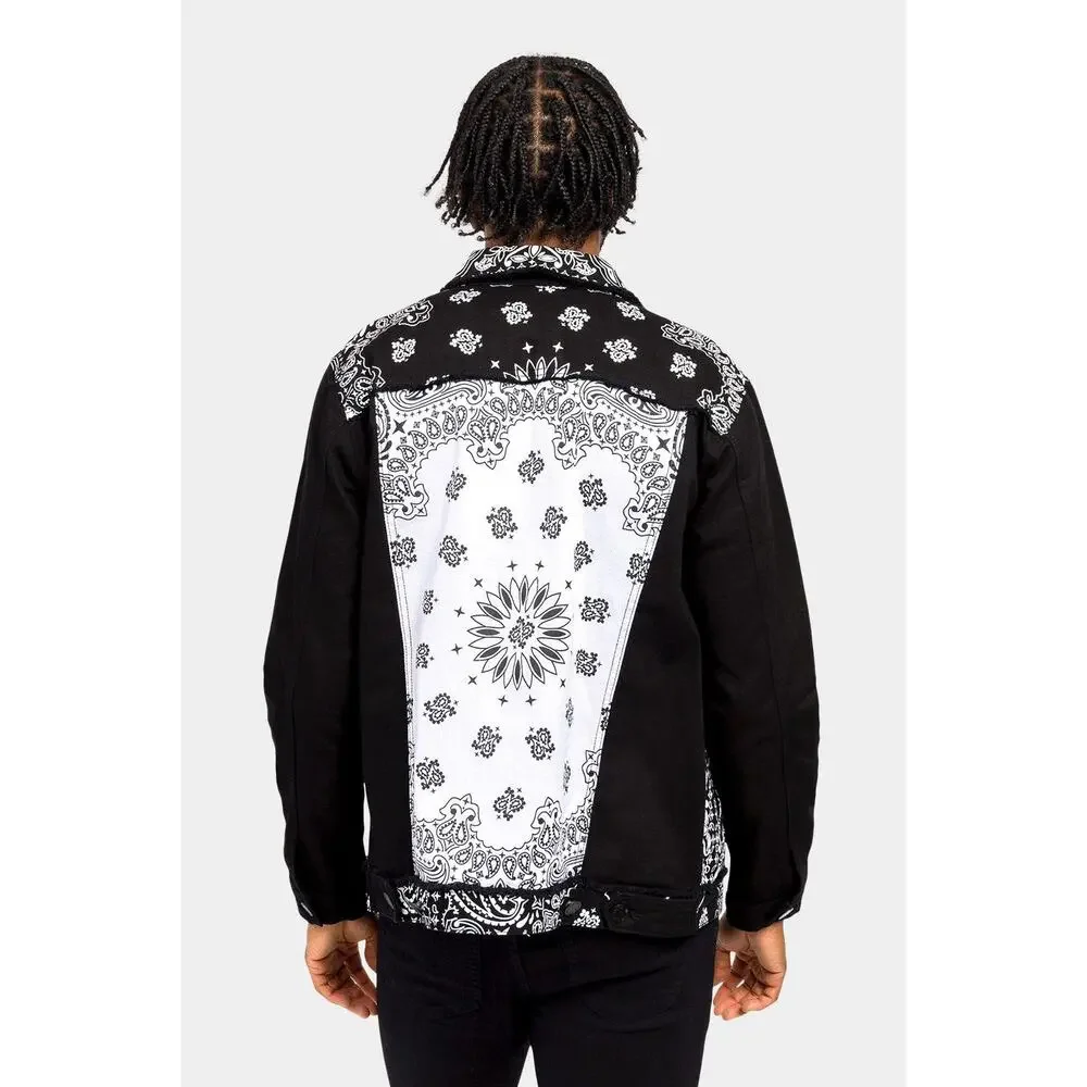 Victorious Colorblock Distressed Bandana Paisley Denim Button Jacket L - Picture 4 of 8